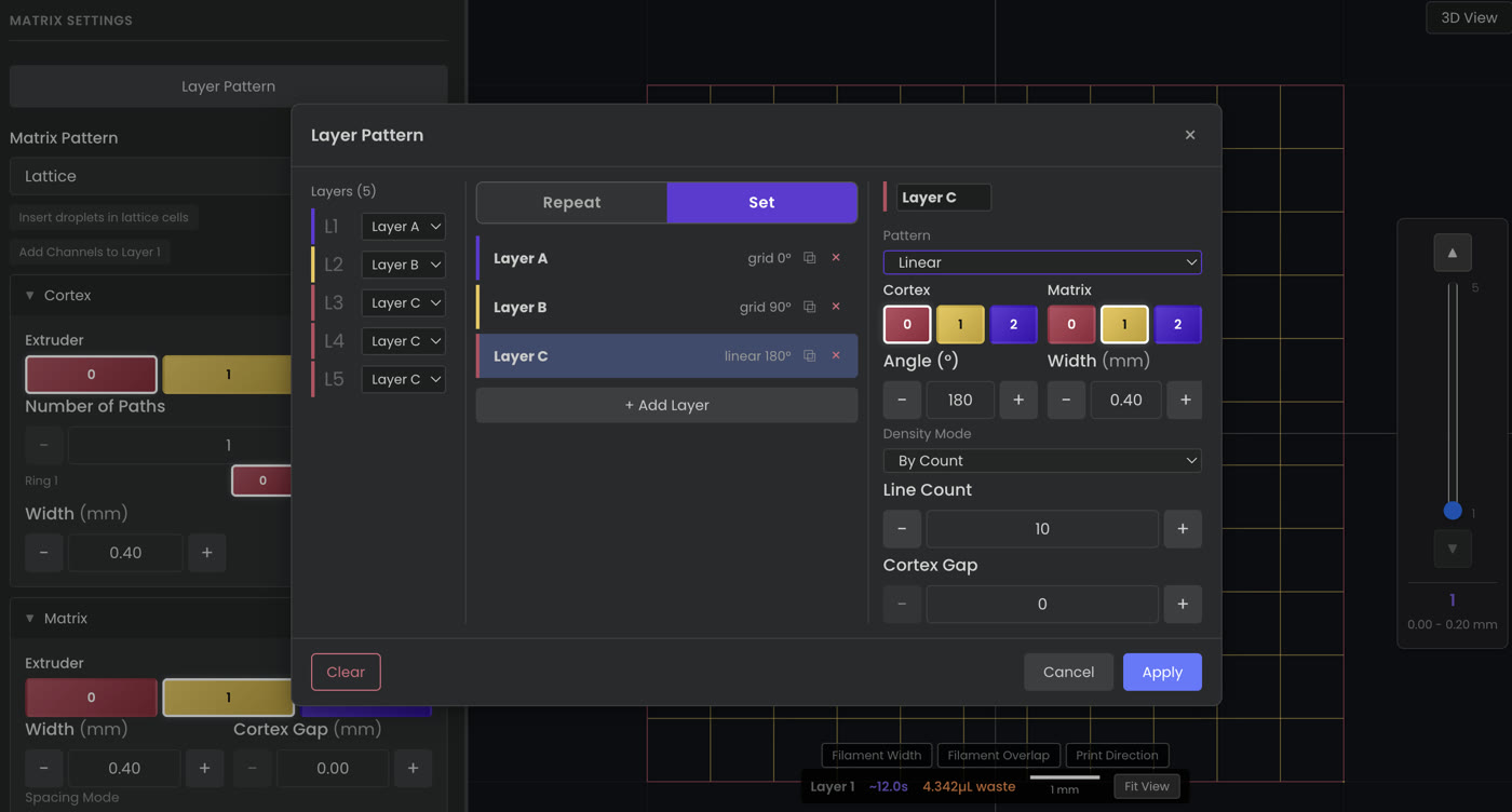 The Layer Pattern dialog: five layers, each assigned a named pattern, with the selected layer set to linear at 180 degrees