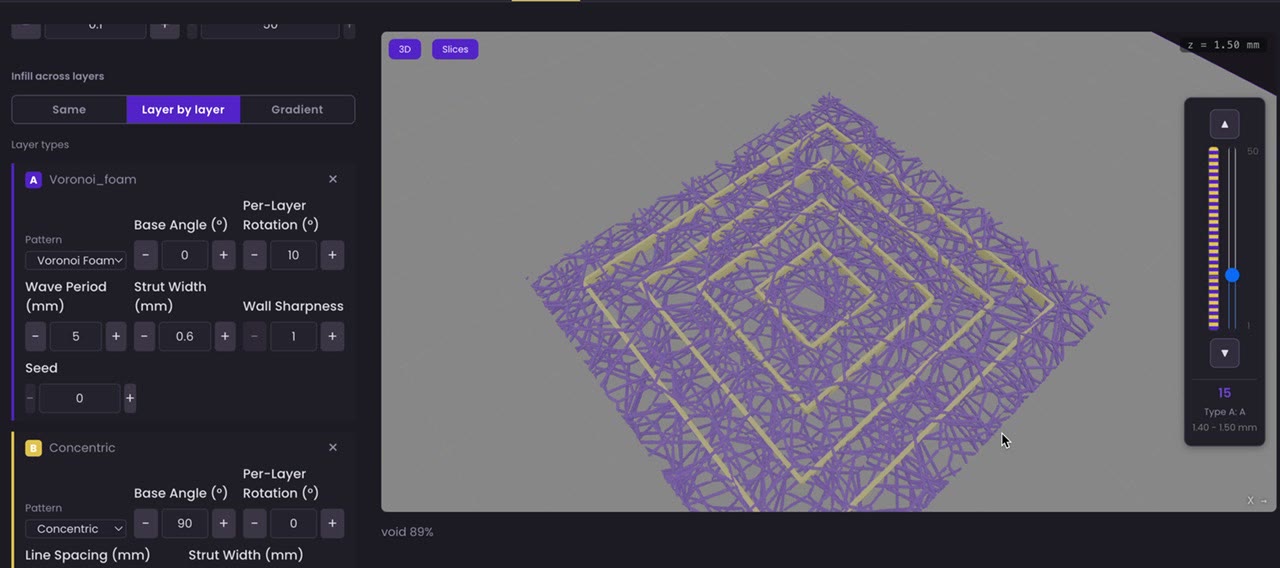 The BioSlicer workspace: a layer-types panel set to Voronoi foam over concentric, beside a 3D view of the resulting lattice